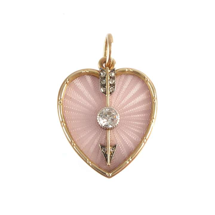 Early 20th century Russian pink guilloche enamel, diamond and gold heart and arrow pendant by Karl Hahn, St. Petersburg c.1910,